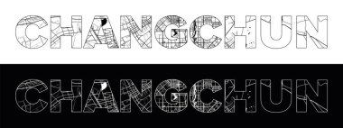 Siyah beyaz şehir haritası illüstrasyon vektörlü Changchun Şehri Adı (Çin, Asya)