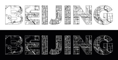 Siyah beyaz şehir haritası illüstrasyon vektörüyle Pekin Şehri Adı (Çin, Asya)