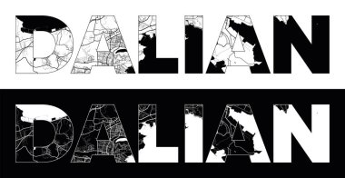 Siyah beyaz şehir haritası illüstrasyon vektörlü Dalian City Name (Çin, Asya)