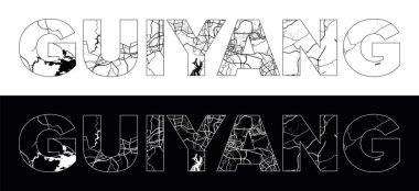 Siyah beyaz şehir haritası illüstrasyon vektörüyle Guiyang Şehri Adı (Çin, Asya)