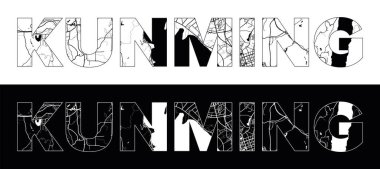 Siyah beyaz şehir haritası illüstrasyon vektörüyle Kunming Şehri Adı (Çin, Asya)