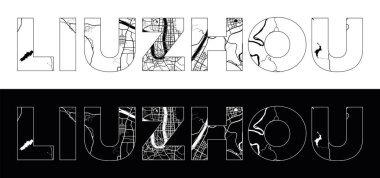 Siyah beyaz şehir haritası illüstrasyon vektörlü Liuzhou Şehri Adı (Çin, Asya)