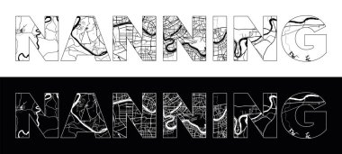 Nanning Şehri Adı (Çin, Asya) siyah beyaz şehir haritası illüstrasyon vektörü