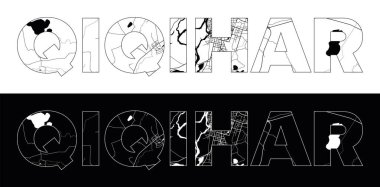 Siyah beyaz şehir haritası illüstrasyon vektörüyle Qiqihar Şehir Adı (Çin, Asya)