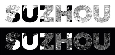 Siyah beyaz şehir haritası illüstrasyon vektörüyle Suzhou Şehri Adı (Çin, Asya)