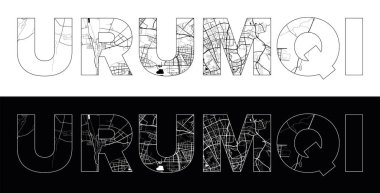 Siyah beyaz şehir haritası illüstrasyon vektörüyle Urumqi Şehir Adı (Çin, Asya)