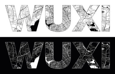 Siyah beyaz şehir haritası illüstrasyon vektörlü Wuxi Şehir Adı (Çin, Asya)