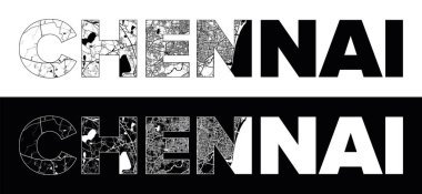 Siyah beyaz şehir haritası illüstrasyon vektörüyle Chennai Şehri Adı (Hindistan, Asya)