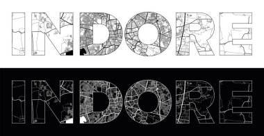 Siyah beyaz şehir haritası illüstrasyon vektörüyle Indore City Name (Hindistan, Asya)