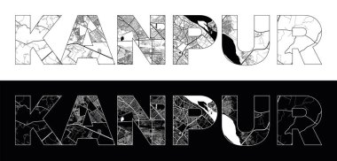Siyah beyaz şehir haritası illüstrasyon vektörüyle Kanpur Şehri Adı (Hindistan, Asya)