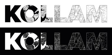 Siyah beyaz şehir haritası illüstrasyon vektörüyle Kollam Şehri Adı (Hindistan, Asya)
