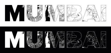 Mumbai Şehir Adı (Hindistan, Asya) ve siyah beyaz şehir haritası illüstrasyon vektörü