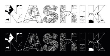 Siyah beyaz şehir haritası illüstrasyon vektörüyle Nashik Şehri Adı (Hindistan, Asya)