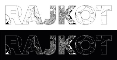 Siyah beyaz şehir haritası illüstrasyon vektörüyle Rajkot Şehri Adı (Hindistan, Asya)