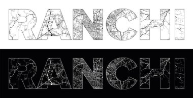 Ranchi Şehir Adı (Hindistan, Asya) siyah beyaz şehir haritası çizim vektörü