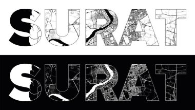 Siyah beyaz şehir haritası illüstrasyon vektörüyle Surat Şehri Adı (Hindistan, Asya)