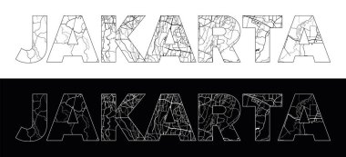 Siyah beyaz şehir haritası illüstrasyon vektörüyle Jakarta Şehir Adı (Endonezya, Asya)