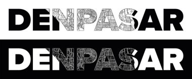 Siyah beyaz şehir haritası illüstrasyon vektörüyle Denpasar Şehri Adı (Endonezya, Asya)
