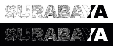 Surabaya Şehir Adı (Endonezya, Asya) siyah beyaz şehir haritası illüstrasyon vektörü