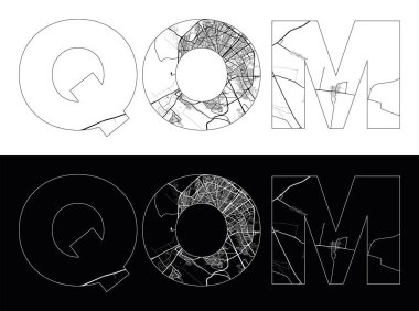 Siyah beyaz şehir haritası illüstrasyon vektörüyle Qom City Name (İran, Asya)