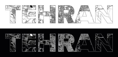 Siyah beyaz şehir haritası illüstrasyon vektörüyle Tahran Şehri Adı (İran, Asya)