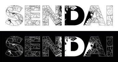 Siyah beyaz şehir haritası illüstrasyon vektörüyle Sendai Şehri Adı (Japonya, Asya)