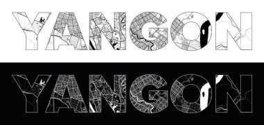 Siyah beyaz şehir haritası illüstrasyon vektörüyle Yangon Şehri Adı (Myanmar, Asya)