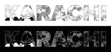 Siyah beyaz şehir haritası illüstrasyon vektörüyle Karachi Şehri Adı (Pakistan, Asya)