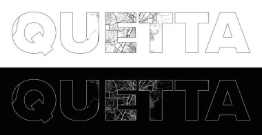 Siyah beyaz şehir haritası illüstrasyon vektörüyle Quetta City Name (Pakistan, Asya)