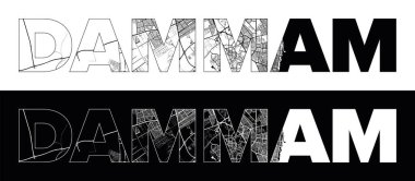 Dammam Şehir Adı (Suudi Arabistan, Asya) siyah beyaz şehir haritası illüstrasyon vektörü