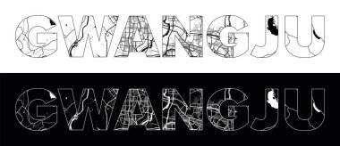 Siyah beyaz şehir haritası illüstrasyon vektörüyle Gwangju Şehri Adı (Güney Kore, Asya)