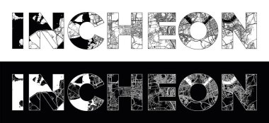 Siyah beyaz şehir haritası illüstrasyon vektörüyle Incheon Şehri Adı (Güney Kore, Asya)