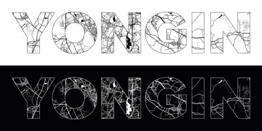 Siyah beyaz şehir haritası illüstrasyon vektörüyle Yongin Şehir Adı (Güney Kore, Asya)