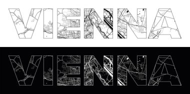 Siyah beyaz şehir haritası illüstrasyon vektörüyle Viyana Şehri Adı (Avusturya, Avrupa)