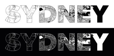 Siyah beyaz şehir haritası çizim vektörüyle Sydney City Name (, Avustralya)