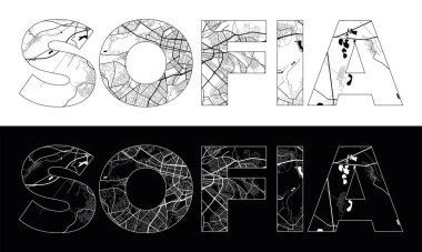 Sofya Şehir Adı (Bulgaristan, Avrupa) siyah beyaz şehir haritası illüstrasyon vektörüyle