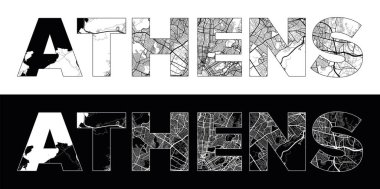 Siyah beyaz şehir haritası illüstrasyon vektörüyle Atina Şehir Adı (Yunanistan, Avrupa)