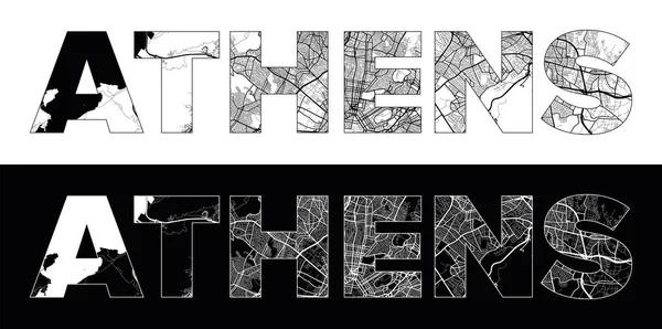 Siyah beyaz şehir haritası illüstrasyon vektörüyle Atina Şehir Adı (Yunanistan, Avrupa)