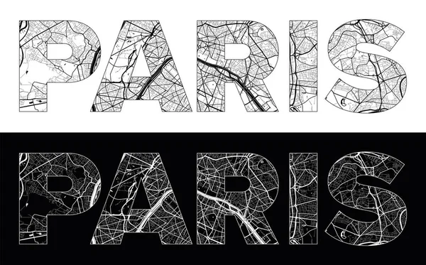 Siyah Beyaz Şehir Haritası Illüstrasyon Vektörüyle Paris Şehri Adı Fransa Stok Vektör