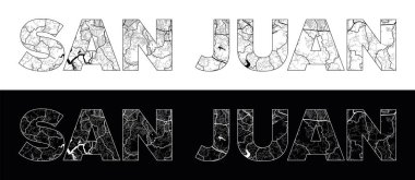 Siyah beyaz şehir haritası illüstrasyon vektörüyle San Juan Şehri Adı (Porto Riko, Kuzey Amerika)