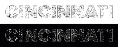 Siyah beyaz şehir haritası illüstrasyon vektörüyle Cincinnati Şehri Adı (ABD, Kuzey Amerika)