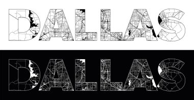 Siyah beyaz şehir haritası illüstrasyon vektörüyle Dallas City Name (ABD, Kuzey Amerika)