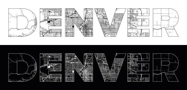 Denver City Name (ABD, Kuzey Amerika) ve siyah beyaz şehir haritası illüstrasyon vektörü