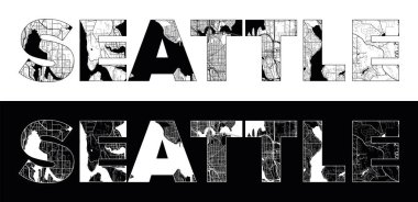 Siyah beyaz şehir haritası illüstrasyon vektörüyle Seattle City Name (ABD, Kuzey Amerika)