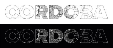 Siyah beyaz şehir haritası illüstrasyon vektörüyle Cordoba Şehri Adı (Arjantin, Güney Amerika)