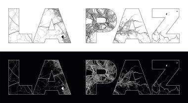 Siyah beyaz şehir haritası illüstrasyon vektörüyle La Paz City Name (Bolivya, Güney Amerika)