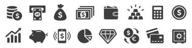Finans simgeleri. İş simgeleri, para işaretleri. Para silueti koleksiyonu. Kart ikonlu cüzdan. Bozuk para silueti simgesi. Büyüme çizelgesi. Para çantası ya da zula. Domuz kumbarası düz stil - hisse senedi vektörü.