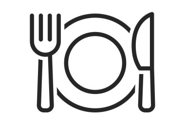 Çatal bıçak seti. Çatal, bıçak, kaşık ve tabak çizgisi simgeleri hazır. Doğrusal restoran yemek ikonu koleksiyonu. Restoran ana ana hat sembolü - hisse senedi vektörü.