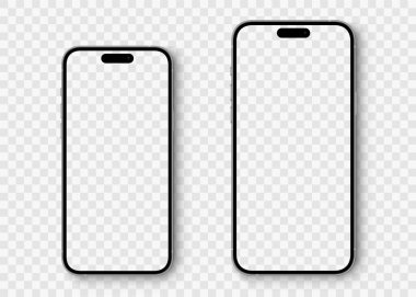 Saydam ekranlı gerçekçi modeller akıllı telefon. Akıllı telefon model koleksiyonu. Aygıt ön görünümü. Şeffaf arkaplanda gölgesi olan 3 boyutlu cep telefonu.
