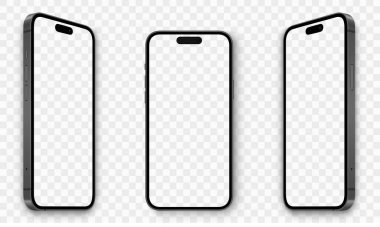 Saydam ekranlı gerçekçi modeller akıllı telefon. Akıllı telefon model koleksiyonu. Aygıt ön görünümü. Şeffaf arkaplanda gölgesi olan 3D cep telefonu - stok vektörü.